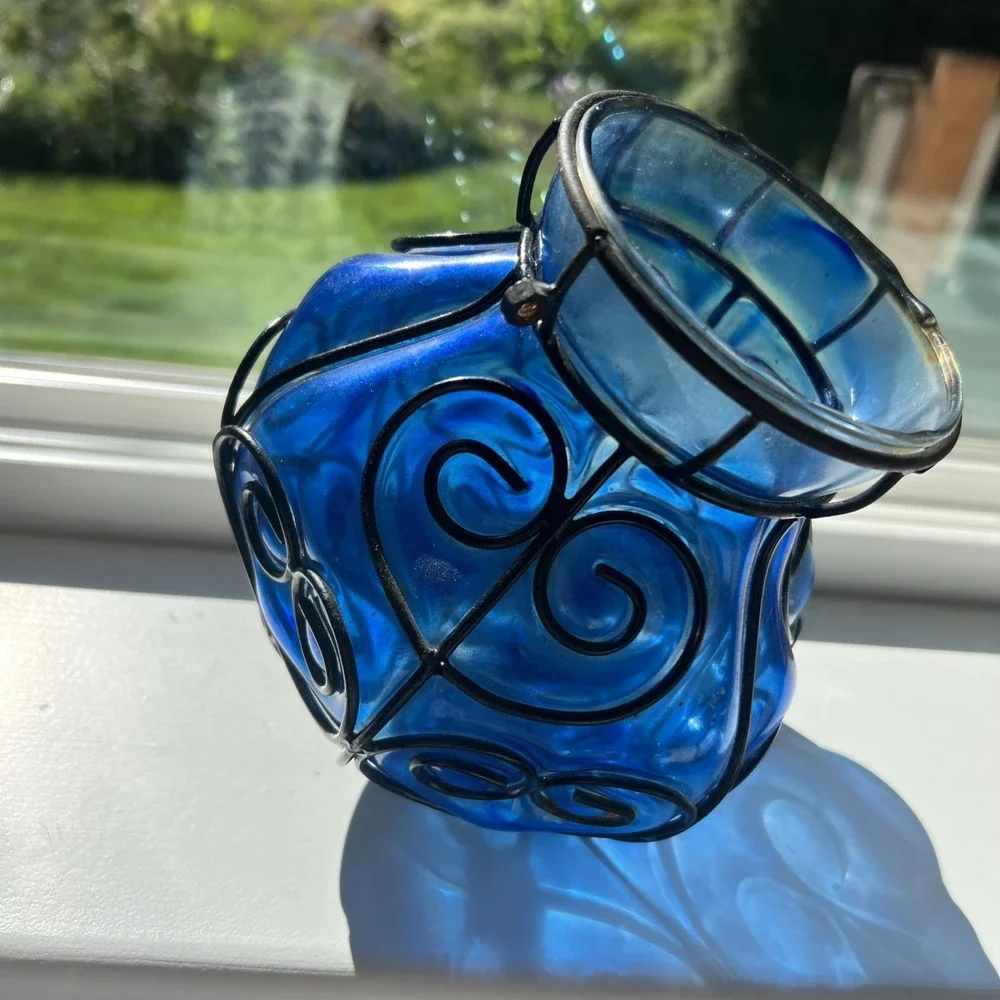 Vintage Moroccan Blue Medium Glass Metal Scrollwork Hanging Candle Lamp Boho MCM